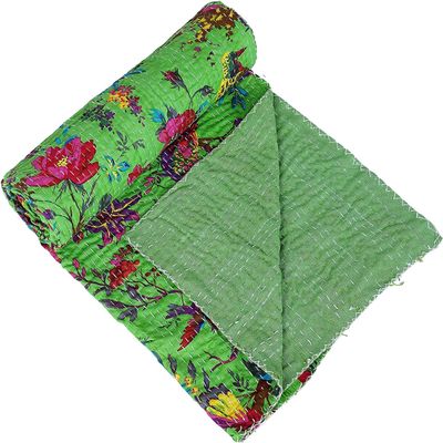 GDONLINE Beautifull Indian Handmade Stitched Pure Cotton Bohemian Bird Print Kantha Quilt Beach Blanket Boho Queen/Twin Bedspread Home Dorm Decor Bedding Throw (Parrot Green, Baby 60" x 40 ")