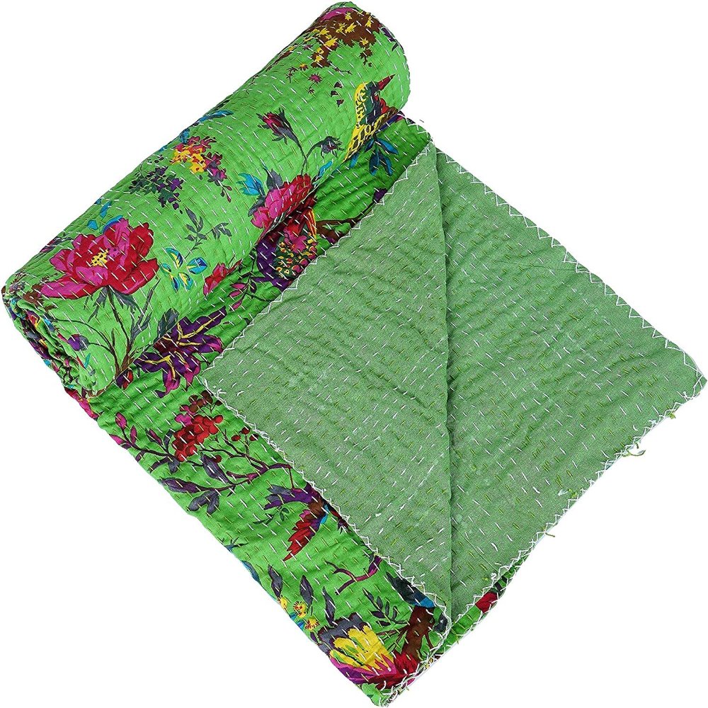 GDONLINE Beautifull Indian Handmade Stitched Pure Cotton Bohemian Bird Print Kantha Quilt Beach Blanket Boho Queen/Twin Bedspread Home Dorm Decor Bedding Throw (Parrot Green, Baby 60" x 40 ")