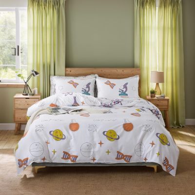 Lemfux White Kids Duvet Cover Set 3 Pieces 1 Duvet Cover 90"x90", 2 Pillowcases 20"x30", Cotton Science Theme Soft Breathable Children Comforter Cover Set with Metal Zippers Bedding Set