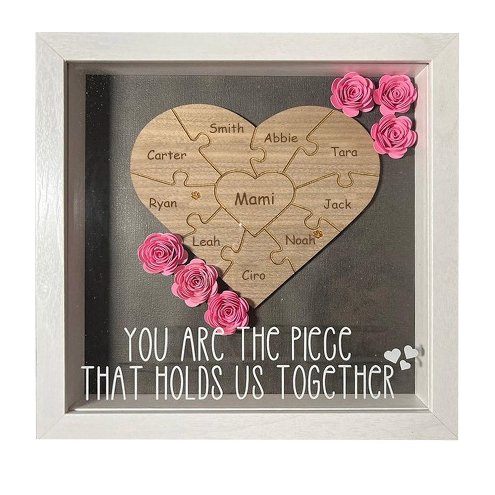 ROSLILY Custom Mom Flower Shadow Box Personalized Heart Shaped Name Frame for Mom Grandma Family Anniversary Birthday (Heart Puzzle, 8*8in/20*20cm)
