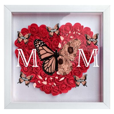 ROSLILY Custom Mom Flower Shadow Box Personalized Heart Shaped Name Frame for Mom Grandma Family Anniversary Birthday (Butterfly Mom, 8*8in/20*20cm)