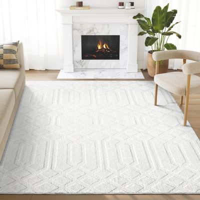 Abani Cozy Cream Area Rug for Living Room, Bedroom - Geometric Diamond Pattern - 5' x 8' - Durable & Easy to Clean
