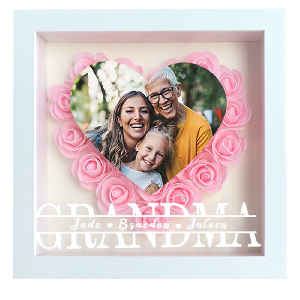 ROSLILY Custom Mom Flower Shadow Box Personalized Heart Shaped Name Frame for Mom Grandma Family Anniversary Birthday (Heart Photo, 8*8in/20*20cm)