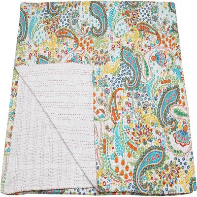 GDONLINE Indian Handmade Stitched Pure Cotton Paisley Print Cotton Kantha Quilt, Reversible Kantha Quilt, Bohemian Decorative Bedspread for Living Room (White, Baby 60" x 40")