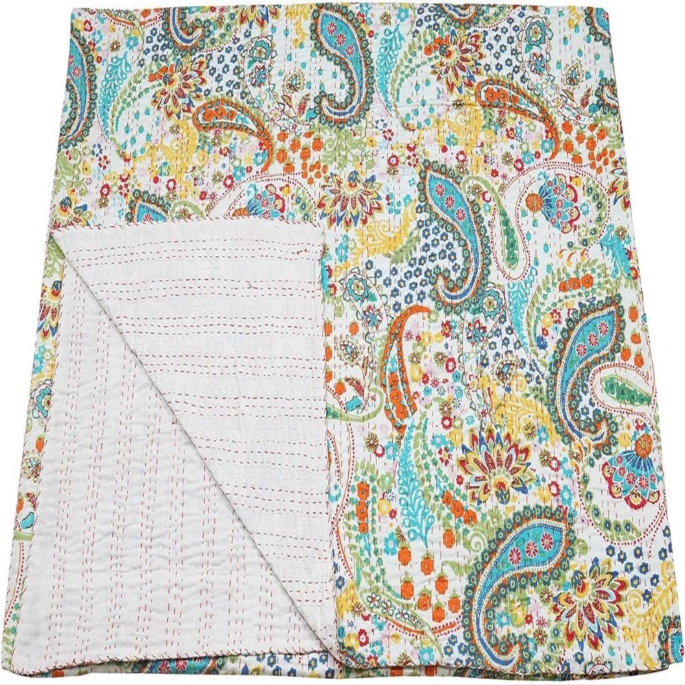 GDONLINE Indian Handmade Stitched Pure Cotton Paisley Print Cotton Kantha Quilt, Reversible Kantha Quilt, Bohemian Decorative Bedspread for Living Room (White, Baby 60" x 40")