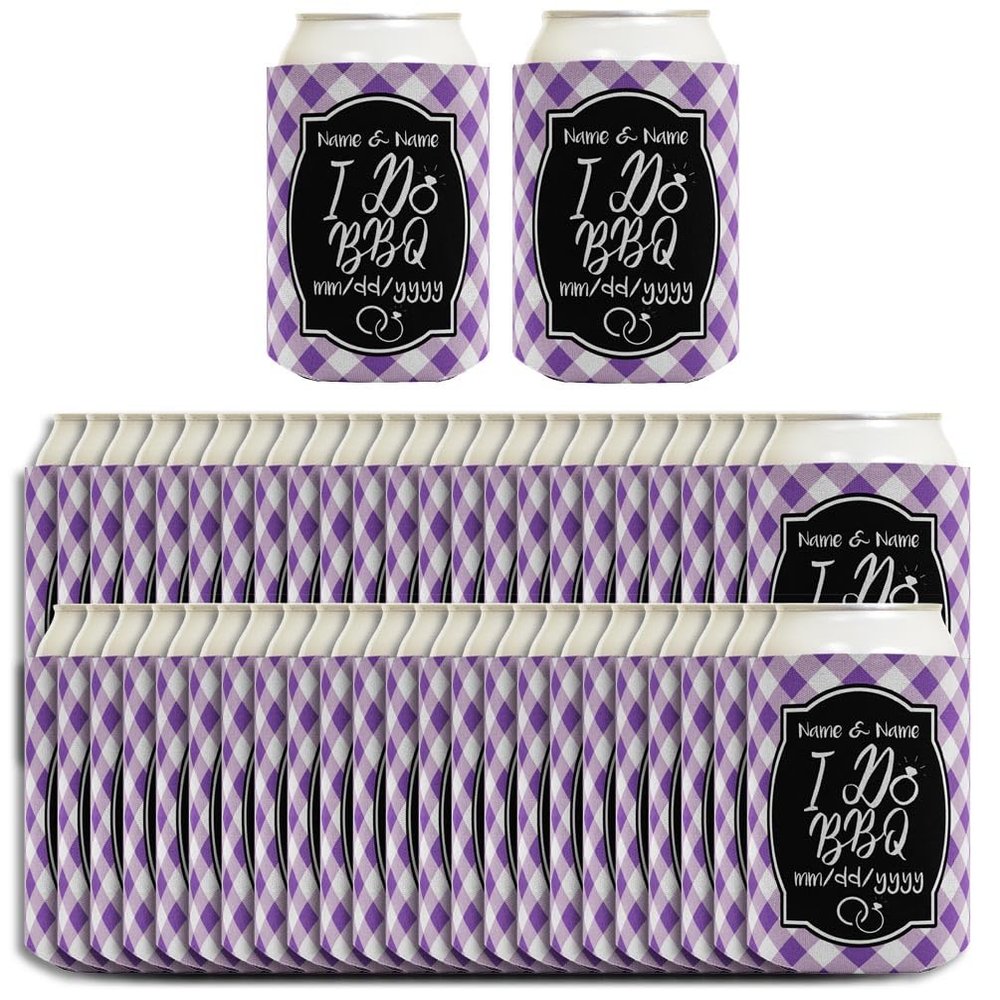 Personalized Wedding Favor I Do BBQ Your Text and Date Here BBQ Rehearsal Dinner 96-Pack Personalized Can Drink Sleeves Coolers Lavender