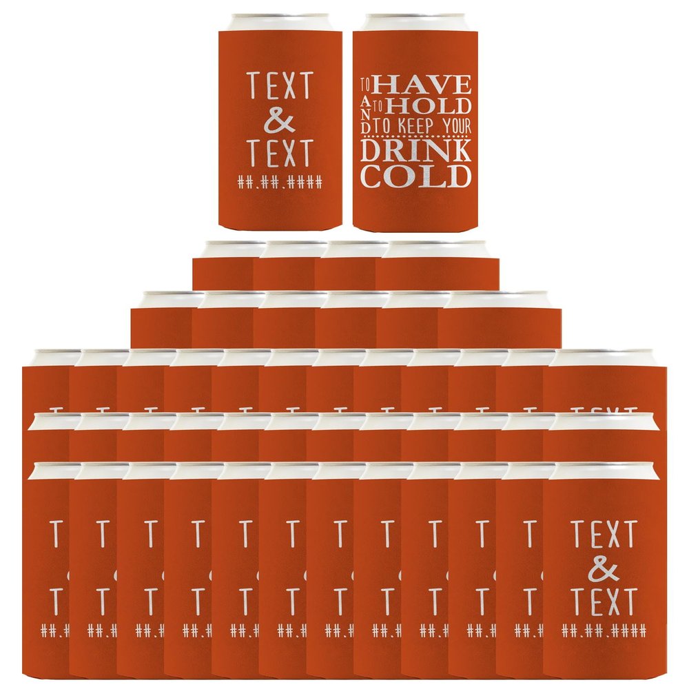 Personalized Wedding Favor Have Hold Keep Drink Cold With Personalized Text 96-Pack Personalized Ultra Slim Can Coolies Party Pack Burnt Orange