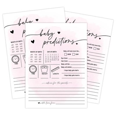 Your Main Event Prints 50 Baby Predictions Cards - Minimalist - Baby Shower Game, New Mom & Dad Card, New Parent Message Advice Book, Fun Party (Pink)