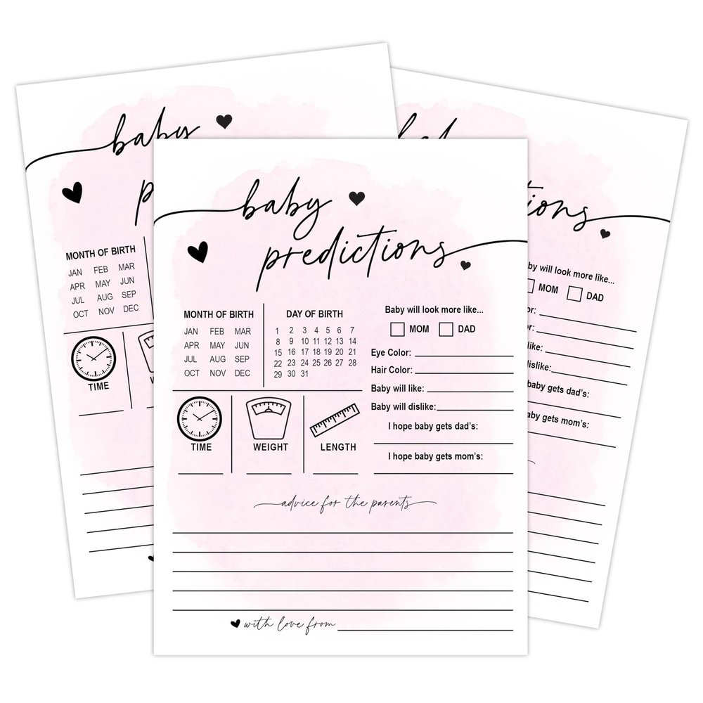 Your Main Event Prints 50 Baby Predictions Cards - Minimalist - Baby Shower Game, New Mom & Dad Card, New Parent Message Advice Book, Fun Party (Pink)