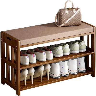 TUOYIBO Entryway Storage Bench, Bamboo Shoe Rack Bench with Removable Cushion, Shoe Storage Cabinet with Shutter Doors, for Living Room, Entryway, Hallway, Holds Up to 330 LBS, 70 * 33 * 46CM,B