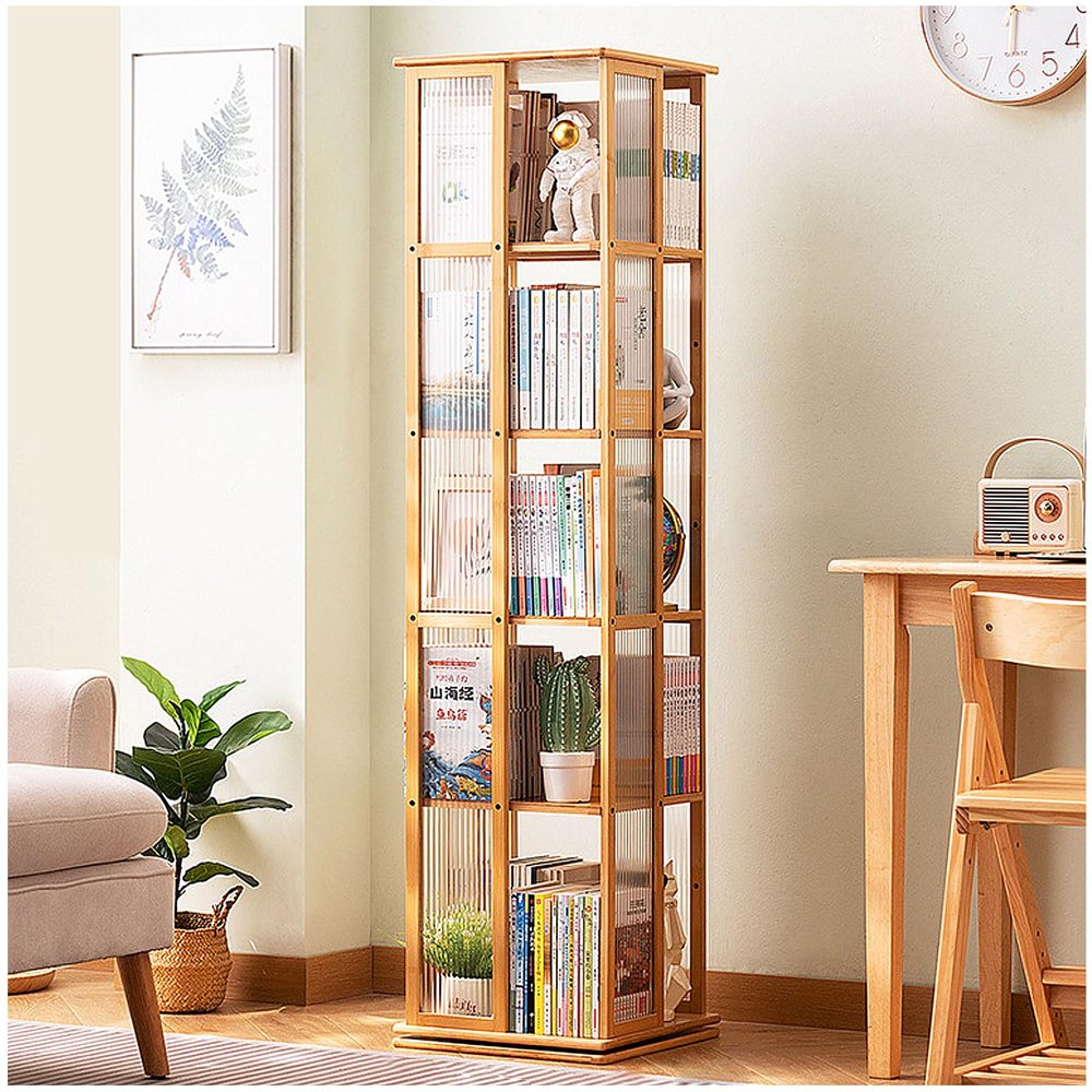 ARMERI 5 Tier Rotating Bookshelf, Corner Bookshelf, Bamboo 360 Swivel Bookcase, Floor Standing Book Shelf Storage Display Rack for Living Room Study Room Office,Wood,5 Tier