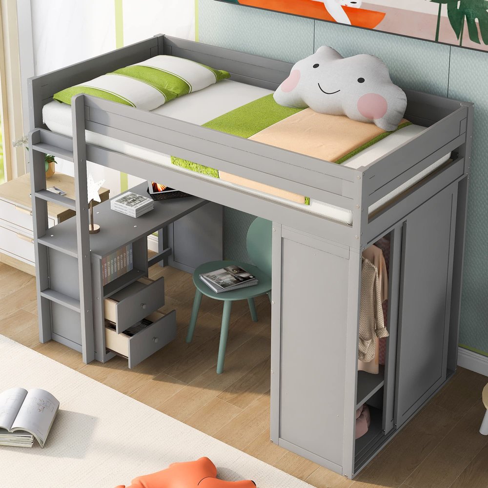 Jintop Twin Size Loft Bed with Wardrobes and 2-Drawer Desk,Multifunction Storage Wood Bunk Bed Frame,w/Cabinet,Space-Saving Design,Slat Support,for Kids Teens Girls Boys Bedroom,Gray