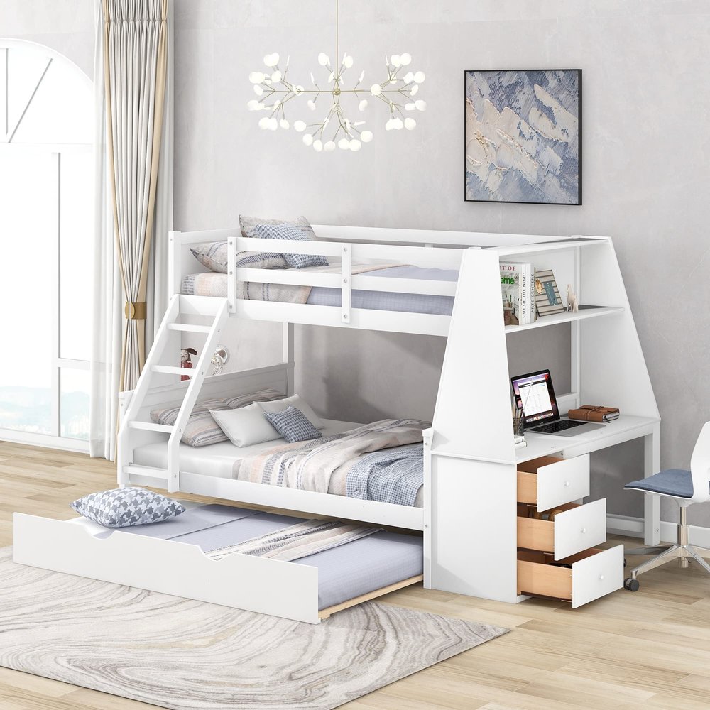 Acosure Twin Over Full Bunk Bed with Trundle and Built-in Desk,Bedroom Wood Bed Frame W/ 3 Storage Drawers & Shelf,No Box Spring Required,for Kids Teens Girls Boys,White