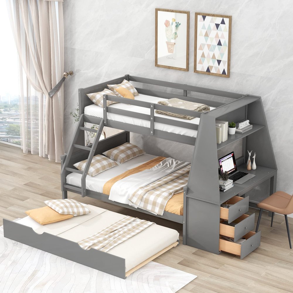 Acosure Twin Over Full Bunk Bed with Trundle and Built-in Desk,Bedroom Wood Bed Frame W/ 3 Storage Drawers & Shelf,No Box Spring Required,for Kids Teens Girls Boys,Gray