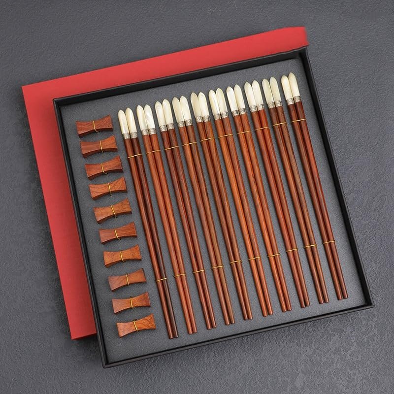 JITEM Red Rosewood Chopsticks Reusable Chopsticks Round Silver Ring Chopsticks Shell Inlaid Chopsticks Non-Slip Durable Chopsticks(Color:Ten Pairs), Size