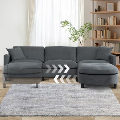 107.87'' Convertible Sectional Sofa, 3 Seat Couch with Movable Ottoman, L-Shaped Couch with Storage Pockets, Sectional Couches for Living Room,Dark Gray
