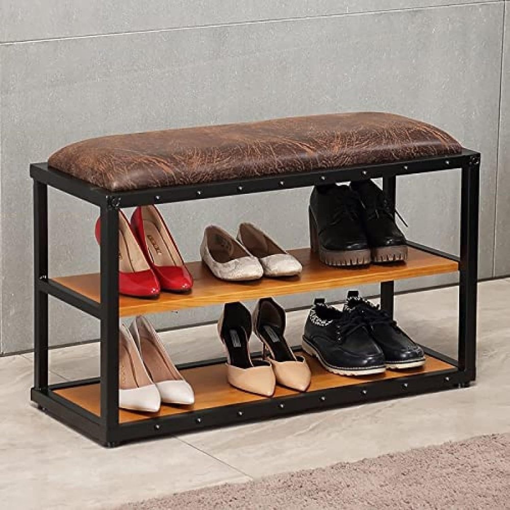 TUOYIBO Entrance Bench, Solid Wood Shoe Cabinet Storage Bench, Leather Upholstered Bench, Antique Corridor Bench Shoe Bench,Brown,100x30x48cm(39x12x19inch)