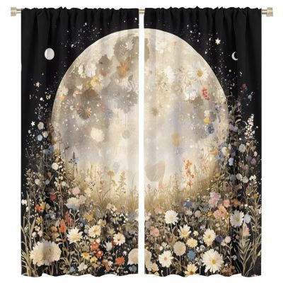 TOWINSFB Floral Moon Blackout Curtains for Bedroom Living Room, Elegant Stars Boho Daisy Plant Thermal Insulated Room Darkening Curtain- 2 Panels 72" L x 63" W