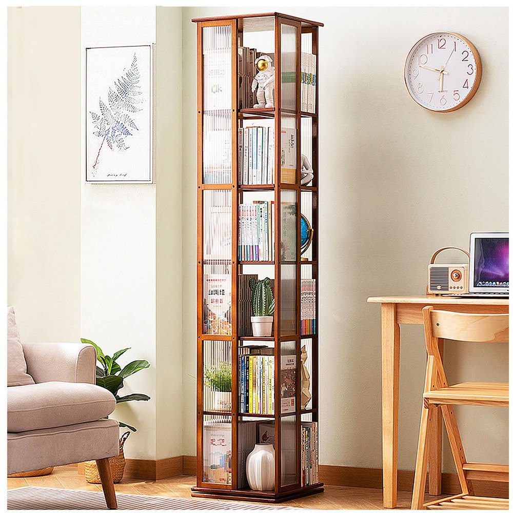 ARMERI 5 Tier Rotating Bookshelf, Corner Bookshelf, Bamboo 360 Swivel Bookcase, Floor Standing Book Shelf Storage Display Rack for Living Room Study Room Office,Brown,6 Tier