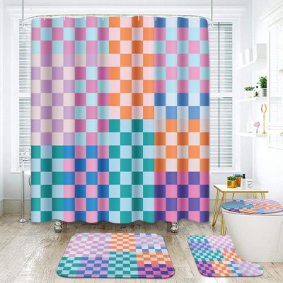 Arttown Retro Checkered Bathroom Set with Shower Curtain and Rugs and Accessories, Aesthetic Colorful Funky Checkerboard Shower Curtains, Modern Bathroom Decor 4 Pcs