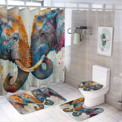 FOCCAFB 4 Pcs Modern Animal Bathroom Sets with Shower Curtain and Rugs, Colorful Graffiti Elephant Shower Curtain Set with Rug, Mats and Accessories for Bathroom Decor, Style-1