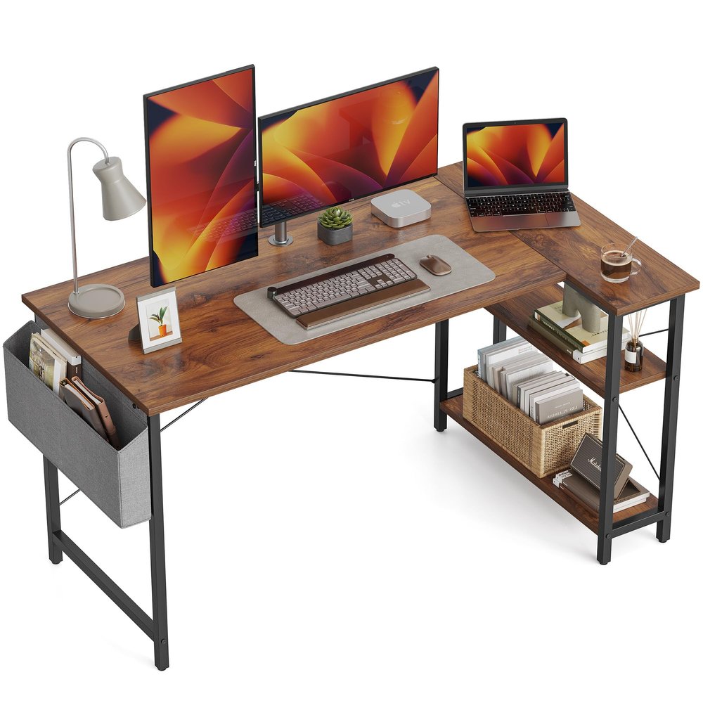 BANTI L Shaped Small Computer Desk with Storage Shelves, 55" Home Office Small Corner Desk Study Writing Table, Deep Brown