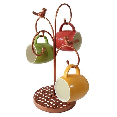 DUJEFF Vintage Iron Art Countertop Mug Tree Shape Mug Coffee Cups StandMetal Coffee Cup Holder with Bird Hooks Multipurpose Display Stand with Round Base (Color : Bronze)