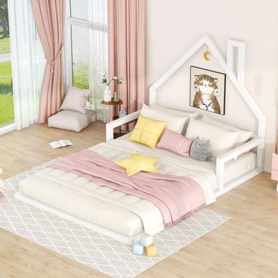 Jintop Full Size Simple Floor Bed with House-Shaped Headboard,Wood Grounded Bed Frame,w/Slat Support,No Box Spring Required,for Kids Teens Girls Boys Bedroom,White