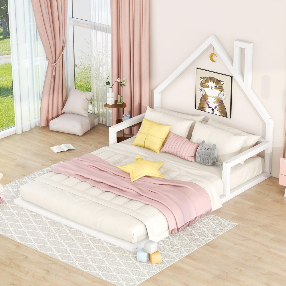 Jintop Full Size Simple Floor Bed with House-Shaped Headboard,Wood Grounded Bed Frame,w/Slat Support,No Box Spring Required,for Kids Teens Girls Boys Bedroom,White