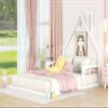Jintop Full Size Simple Floor Bed with House-Shaped Headboard,Wood Grounded Bed Frame,w/Slat Support,No Box Spring Required,for Kids Teens Girls Boys Bedroom,White view 2