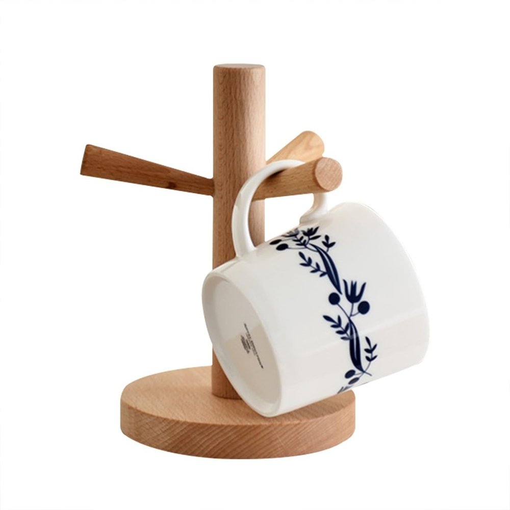 DUJEFF Mug Tree Wood Coffee Cup Holder with 3 Hooks, Drying Rack Jewelry Rack,