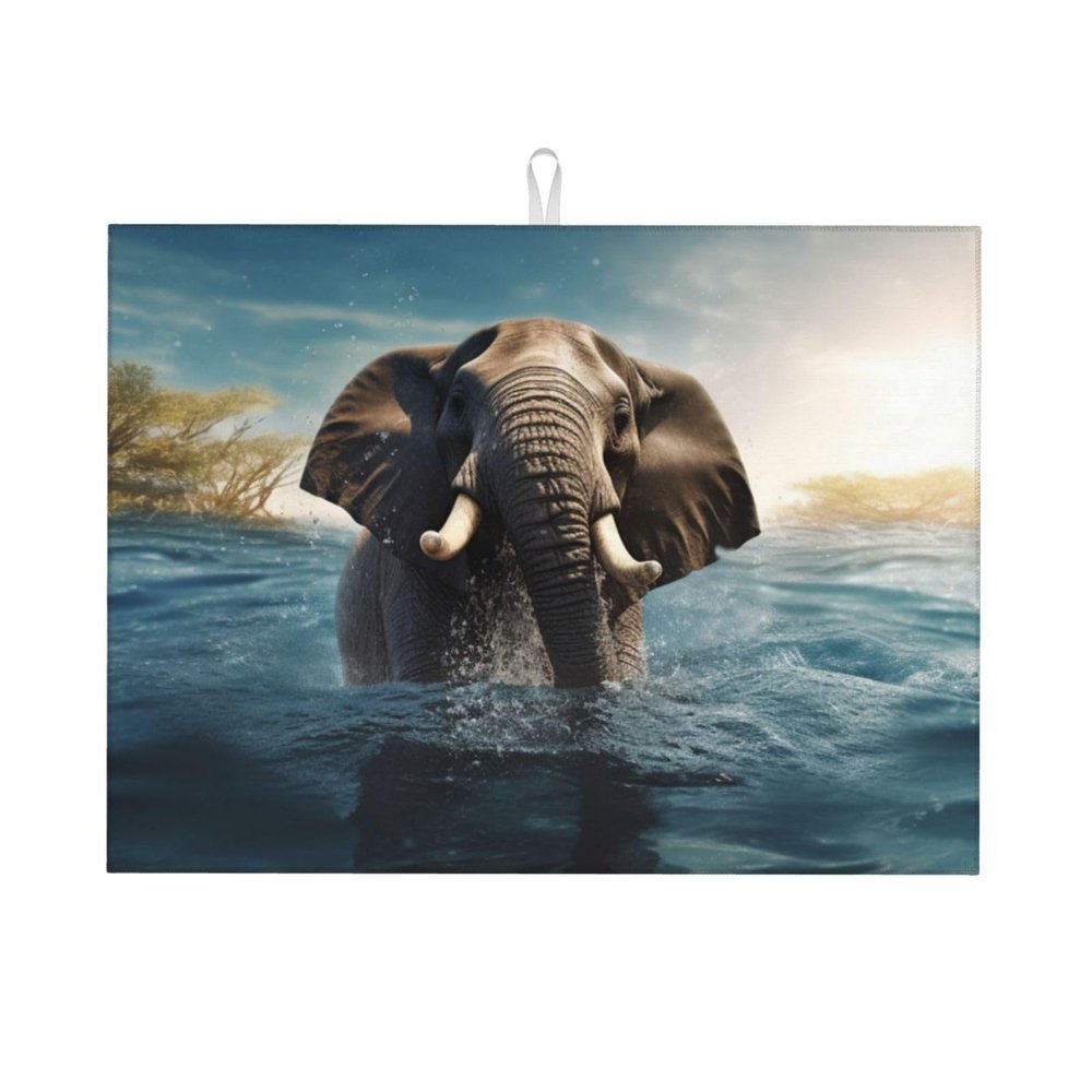 Dish Drying Mat Kitchen Microfiber Absorbent Quick Dry Pad Swimming African Elephant Drainer Rack Pad for Counter Coffee Bar 18 x 24 in