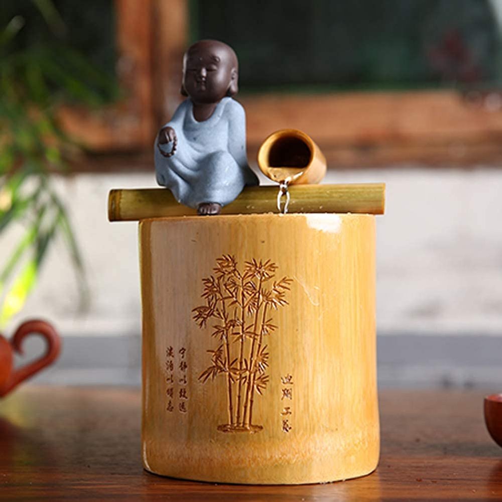 EliteBloom Home Kitchen Tabletop Fountains Bamboo Desktop Water Fountain Buddha Little Monk Indoor Feng Shui Ornaments Home Office Table Decor Waterscape Craft Gift (2)