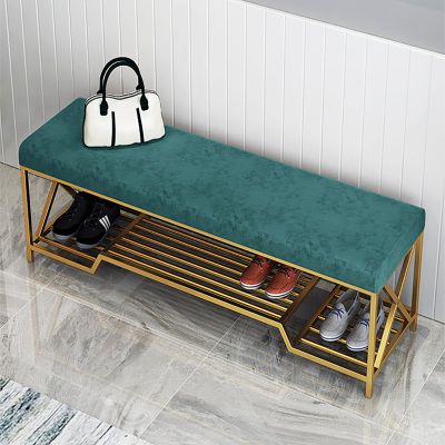 Junpllvic Modern Shoe Rack,Luxurious Shoe Bench with Golden Shoe Shelf,Velvet Upholstered Shoe Rack Bench Shoe Organizer,Modern Entryway Bench Shoe Storage Bench Seat-Green 80x35x45cm
