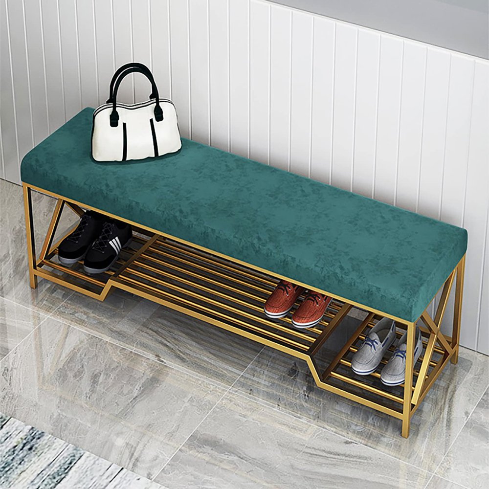 Junpllvic Modern Shoe Rack,Luxurious Shoe Bench with Golden Shoe Shelf,Velvet Upholstered Shoe Rack Bench Shoe Organizer,Modern Entryway Bench Shoe Storage Bench Seat-Green 80x35x45cm