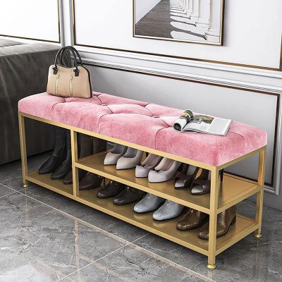 Junpllvic Modern Shoe Rack,Luxurious Entryway Bench with Boots Storage,Soft Upholstered Shoe Bench Shoe Rack Bench,Modern Shoe Storage Bench Entry Shoe Organizer Furniture-Pink Velvet 80x35x45cm