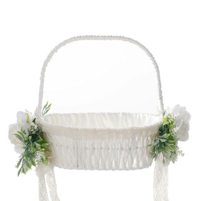 MEUMITY 2Pcs Flower Girl Basket Handmade Rattan Basket with Handle Flower Girl Baskets for Weddings Foldable Handle and Artificial Stain Flower Basket for Wedding Ceremony Party Decoration