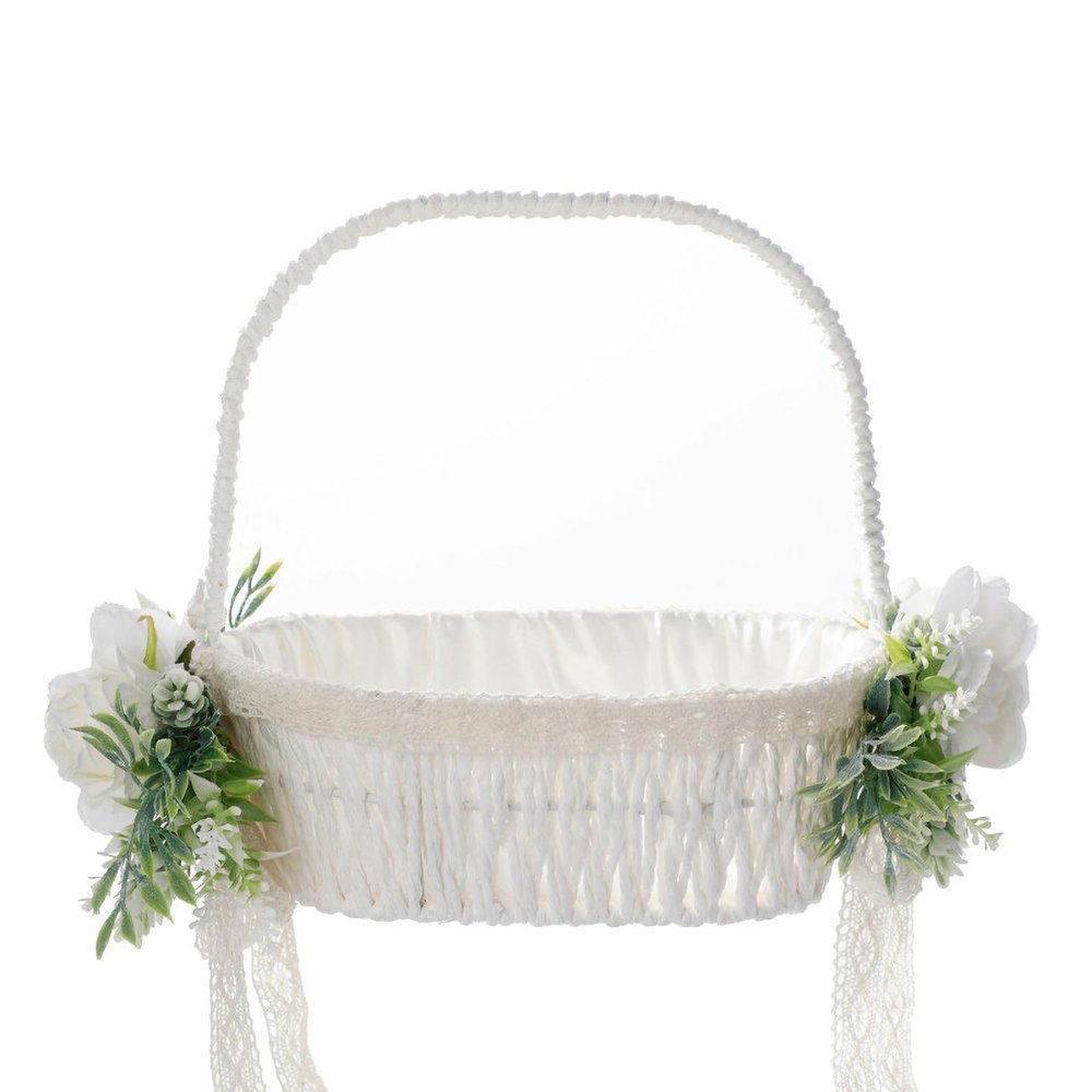 MEUMITY 2Pcs Flower Girl Basket Handmade Rattan Basket with Handle Flower Girl Baskets for Weddings Foldable Handle and Artificial Stain Flower Basket for Wedding Ceremony Party Decoration