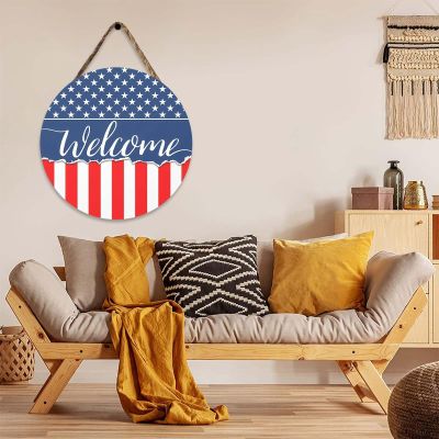 4th of July Independence Day Door Sign, Rustic Patriotic American Welcome Wooden Hanging Sign, Memorial Day Porch Wreaths Decor for Home Outdoor Garden Wreaths Decorations 12'' (D)