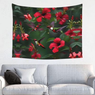 ZISHAK Hummingbirds Red Flower Hibiscus Print Aesthetic Artistic Decoration Tapestry For Home Interiors All-Season,Versatile