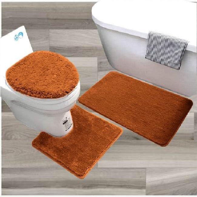 Gorgeous Home LINEN 3 Piece Bathroom Floor Bath Mats Rugs Set with Lid Cover Non-Skid Absorbent Solid #6 (Brick Rust Orange)