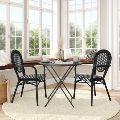 Flash Furniture Lourdes Indoor/Outdoor Commercial Thonet Bistro Stack Chair - Curved Arms - Black/White PE Rattan Back and Seat - Black Metal Frame - Set of 2