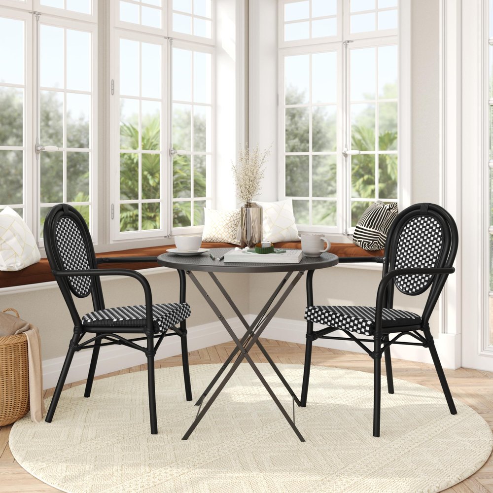 Flash Furniture Lourdes Indoor/Outdoor Commercial Thonet Bistro Stack Chair - Curved Arms - Black/White PE Rattan Back and Seat - Black Metal Frame - Set of 2