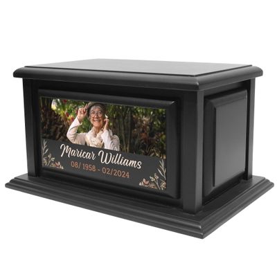 Personalized Solid Wood Human Urns for Ashes 250lbs, Custom Urn Box for Human Ashes, Large Burial and Cremation Urns for Ashes, Black Wood Color (Design 1)