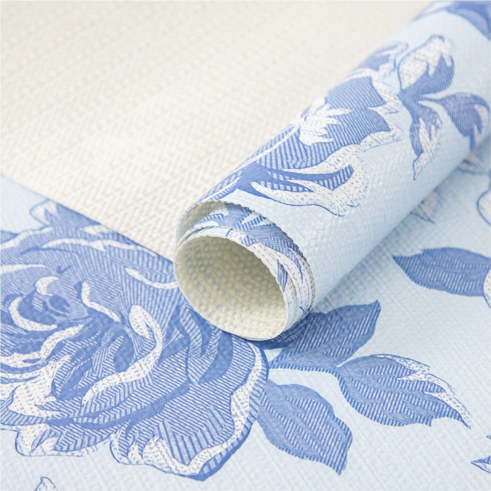 FIFTY FEET 18X96 Inch Shelf Liner for Kitchen Cabinets, PVC Drawer Liner for Dresser Non-Slip Bathroom, Non-Adhesive Cabinet Liner Washable (Blue Flower)(9 Roll)