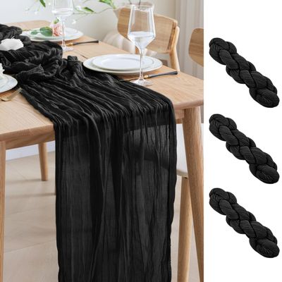 Asee'm 3pcs Cheesecloth Table Runner 120 Inches Long Black Boho Gauze Cheese Cloth Runner 10FT Rustic Sheer Table Runners for Valentine's Day Wedding Party Baby Shower Spring Easter Decoration