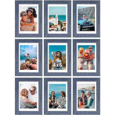 Vittanly 4x6 Picture Frames Set of 9, Shatter Resistant Plexiglass, Display 3.5x5 Pictures with Mat or 4x6 without Mat, Photo Frames for Wall or Tabletop, Engineered Wood, Navy