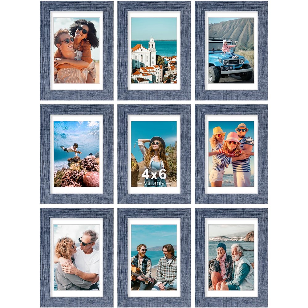 Vittanly 4x6 Picture Frames Set of 9, Shatter Resistant Plexiglass, Display 3.5x5 Pictures with Mat or 4x6 without Mat, Photo Frames for Wall or Tabletop, Engineered Wood, Navy