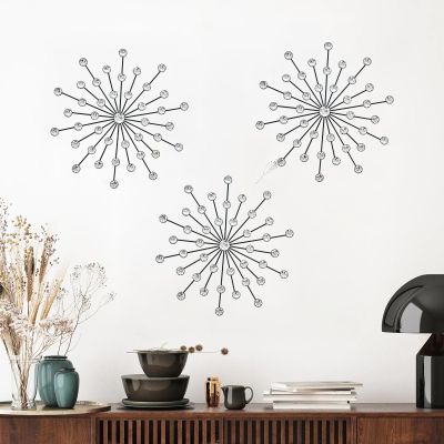 ZEXUIRU 3 Pack Black Sunburst Wall Decor Metal Crystal Wall Art with Sparkling Rhinestones, 14/18 Inch Starburst Wall Hanging Set for Living Room Bedroom Bathroom Modern Bling Home Decorations