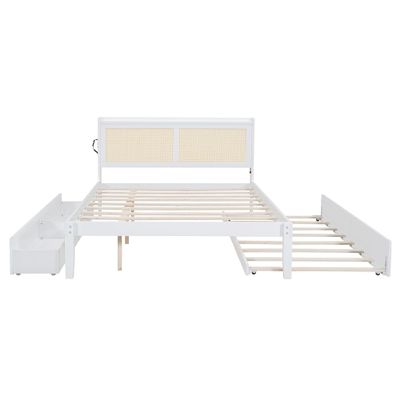 Wood Bed Frame with Rattan Headboard Queen Size Platform Bed Frame with Drawers and Trundle Functional Bed with Sockets
